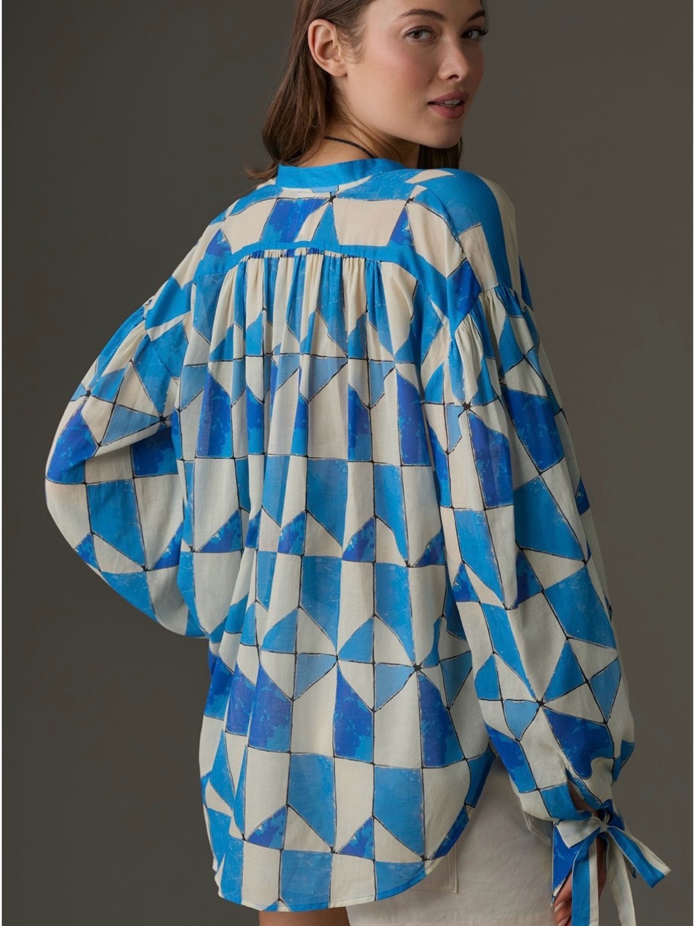 Tracy Reese Blue and Cream Geometric Tie-Sleeve Top from Anthropologie - Picture 2 of 4